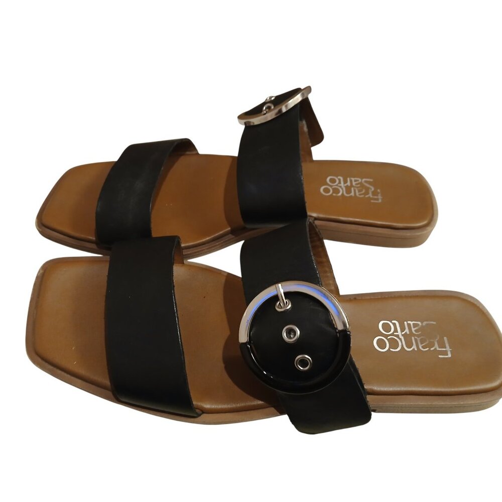 FRANCO SARTO BLACK LEATHER & SILVER BUCKLE SANDALS 8M - Picture 3 of 7